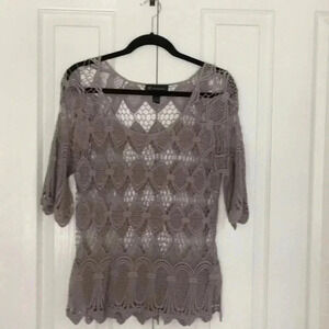 INC Open Knit Sweater Top Neutral Taupe Sz L 100% Cotton Short Sleeve Scoop Neck